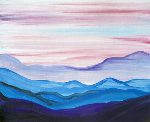 Drawing of bright sky clouds mountains hills in fog