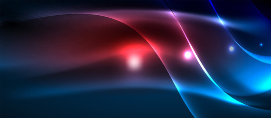 Glowing abstract wave on dark, shiny motion, magic space light. Techno abstract background