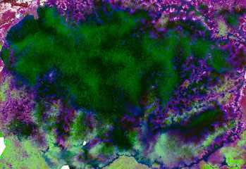Green, purple and blue watercolor splash background. Paint stains with spots, blots, grains, splashes. Wallpaper.