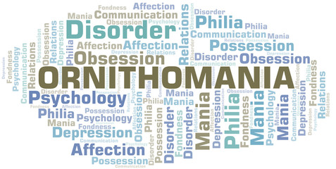 Ornithomania word cloud. Type of mania, made with text only.