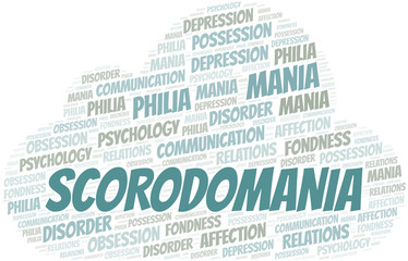 Obraz premium Scorodomania word cloud. Type of mania, made with text only.