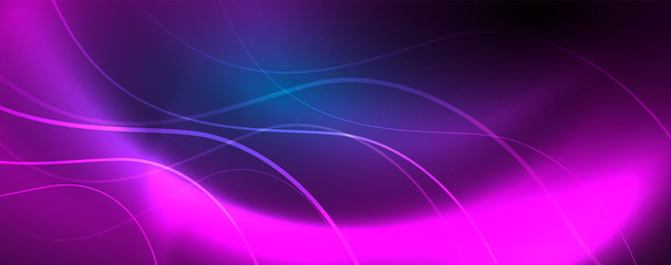 Trendy neon blue abstract design with waves and circles. Neon light glowing effect. Abstract digital background.