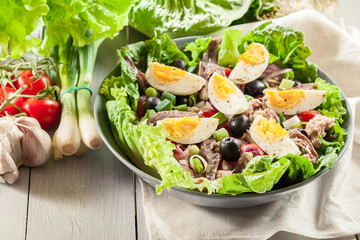 Nicoise Salad with tuna, anchovy, eggs and tomatoes
