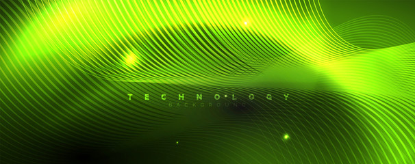 Dark abstract background with bright color neon lights and lines. Glowing background