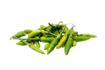 Green hot chilli peppers isolated on a white background , spicy concept , Capsicum annuum , Thai pepper