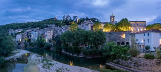 Sauve, France - 06 06 2019: View of the city and the river by night