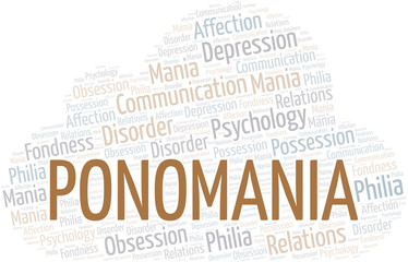 Ponomania word cloud. Type of mania, made with text only.