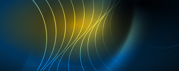 Trendy neon blue abstract design with waves and circles. Neon light glowing effect. Abstract digital background.