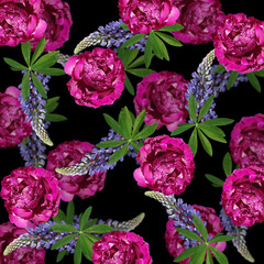 Beautiful floral background of peonies and lupins. Isolated