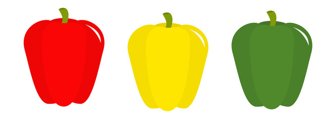 Pepper icon set line. Yellow red green color. Vegetable collection. Fresh farm healthy food. Education card for kids. Flat design. White background. Isolated.
