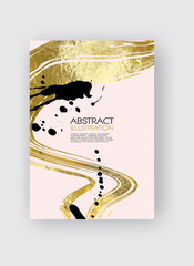 Cover product catalog. Business card and banner. Brush strokes in gentle gold on a pink background.