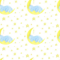 Pattern seamless children's illustration hippo sleeps stars clouds moon watercolor illustration digital paper scrapbooking design stickers greeting cards kids textiles