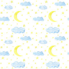 Seamless childish pattern illustration stars clouds moon watercolor illustration digital paper scrapbooking design stickers greeting cards kids textiles