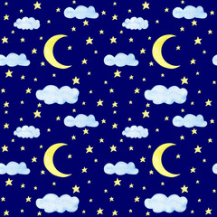 Obraz na płótnie Canvas Seamless childish pattern illustration stars clouds moon watercolor illustration digital paper scrapbooking design stickers greeting cards kids textiles