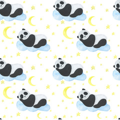 Pattern seamless children's illustration panda sleeps stars clouds moon watercolor illustration digital paper scrapbooking design stickers greeting cards kids textiles