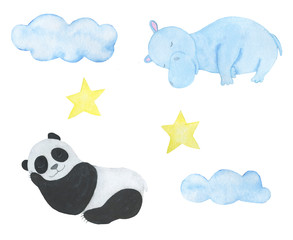  Children illustration watercolor animals sleep elephant hippo panda stars moon greeting card design scrapbooking stickers stickers poster congratulations invitations