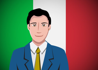 Italian people,  ahead of the flag. Portrait of manager in flat design. Vector cartoon
