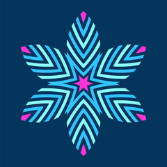 Abstract colorful symmetric symbol isolated on dark background. Stylized flower with striped petals. Logo.