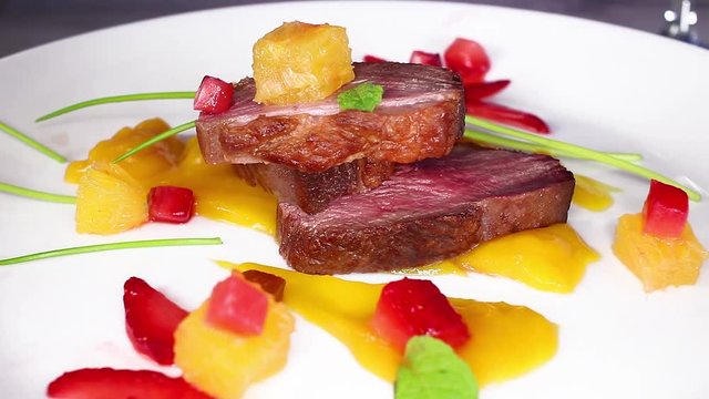 Rose duck breast slices texture pattern closeup clip footage video