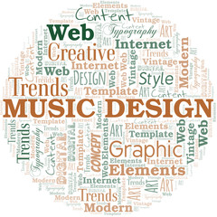 Music Design word cloud. Wordcloud made with text only.