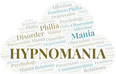 Hypnomania word cloud. Type of mania, made with text only.