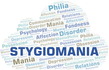 Stygiomania word cloud. Type of mania, made with text only.