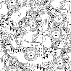 Black and white seamless pattern with adorable safari animals. Coloring page for adult and kids