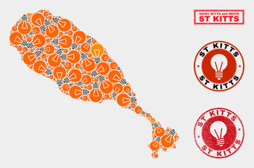 Illumination lamp mosaic St Kitts Island map and rubber rounded seals. Mosaic vector St Kitts Island map is created with idea lamp elements. Abstract images for patent business.