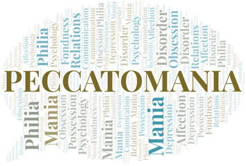 Peccatomania word cloud. Type of mania, made with text only.