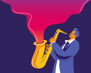 Saxophone player with abstract wave of music flying out of his instrument.. Modern flat colors illustration.