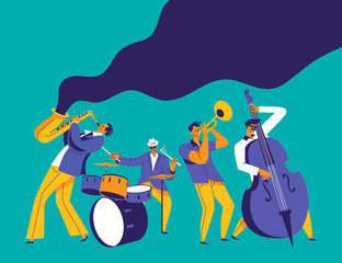 Jazz quartet. Funky musicians with saxophone, trumpet, drums and bass. Modern flat colors illustration. - 273989375