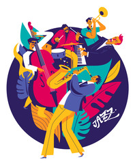 Naklejki  Letni plakat festiwalu muzyki jazzowej. Skład wielu muzyków na abstrakcyjnym tle kwiatów. Ilustracja nowoczesne płaskie kolory.