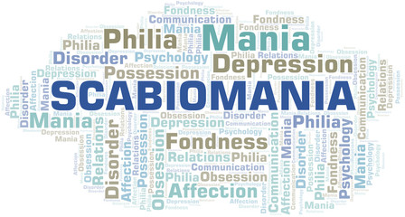 Scabiomania word cloud. Type of mania, made with text only.
