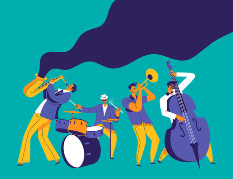 Jazz quartet. Funky musicians with saxophone, trumpet, drums and bass. Modern flat colors illustration.