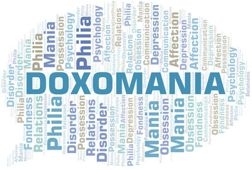 Doxomania word cloud. Type of mania, made with text only.