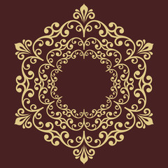 Oriental vector pattern with arabesques and floral elements. Traditional classic round golden ornament. Vintage pattern with arabesques