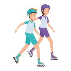 happy athletic couple in skates