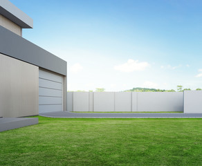 Fototapeta na wymiar Modern house and green grass with blue sky background in real estate sale or property investment concept. Buying new home for big family. 3d illustration of residential building exterior.