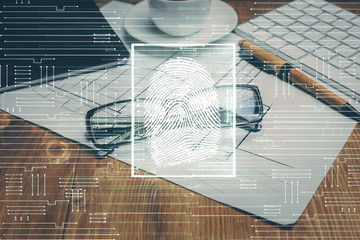 Fingerprint drawing with glasses on the table background. Concept of security. Double exposure.