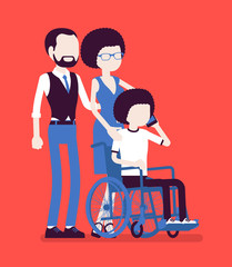 Family with a disabled child. Parents with a teen daughter sitting in wheelchair, phone talking, social care and medical health support for kid rehabilitation. Vector illustration, faceless characters