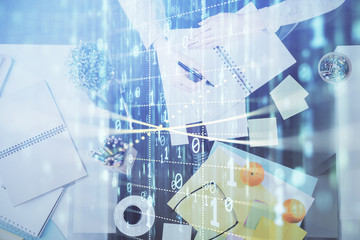 Fototapeta premium Double exposure of writing hand on background with data solution technology hologram. Ai concept.