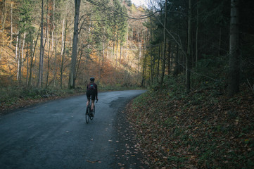 Autumn bike ride with climbing up in the valley covered with golden leaves