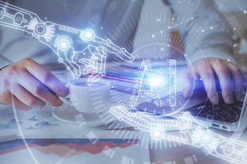 Double exposure of data internet theme hologram with man working on computer on background. Concept of innovation.