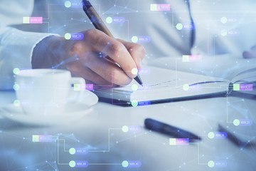 Human hands with tech theme double exposure drawings.