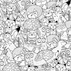 Wall murals Black and white Fantasy forest animals black and white seamless pattern. Great for  coloring page, prints