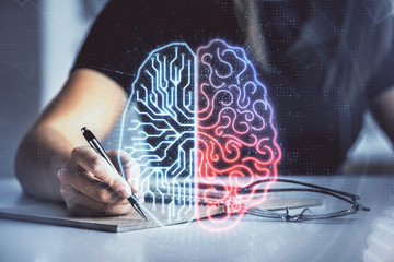 Multi exposure of woman's writing hand on background with brain hologram. Concept of brainstorming.