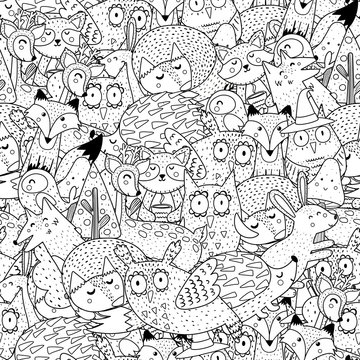 Fantasy forest animals black and white seamless pattern. Great for  coloring page, prints
