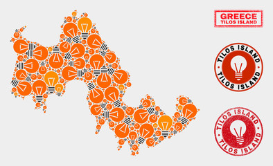 Power lamp mosaic Tilos Island map and rubber round stamp seals. Mosaic vector Tilos Island map is designed with power lamp items. Concept for electric business. Orange and red colors used.