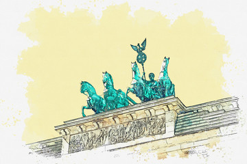 Watercolor sketch or illustration of a beautiful view of the Brandenburg gate in Berlin in Germany.