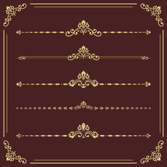 Vintage set of vector decorative golden elements. Horizontal golden separators in the frame. Collection of different ornaments. Classic patterns. Set of vintage patterns